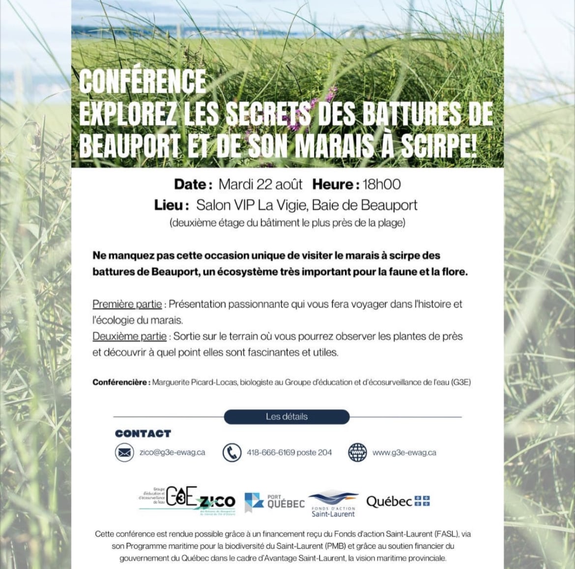 Conférence – Explorez les secrets des Battures de Beauport et de son marais à scirpe!